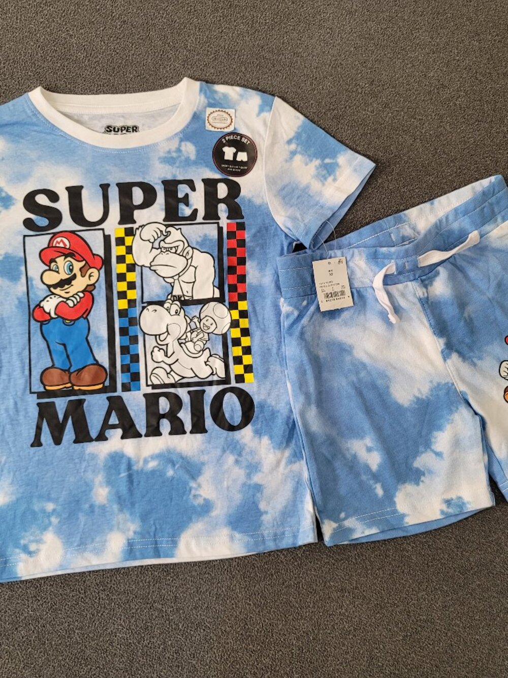 Super Mario Kids Blue Tie-Dye Outfit, Super Mario T-Shirt And Shorts, size xs